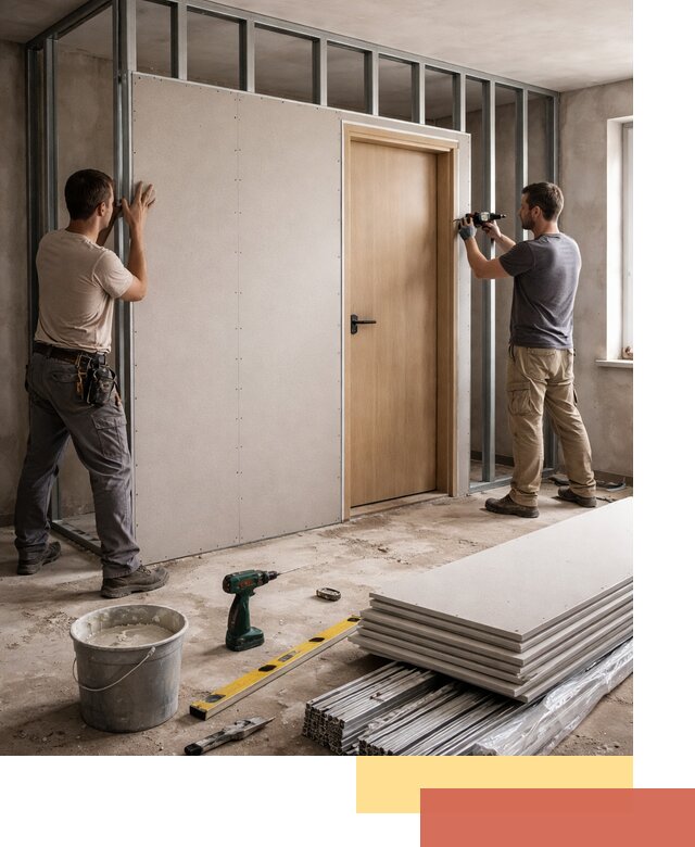 Перегородка из гипсокартона с дверью под ключ в Сорочинске