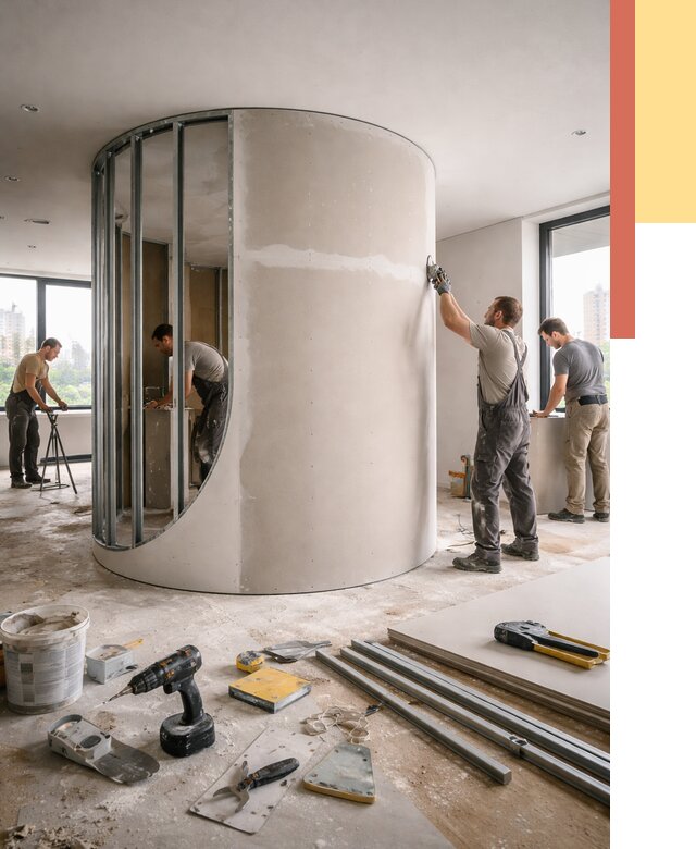 Радиусная перегородка из гипсокартона в Сорочинске от 2995 руб. под ключ | ОТДЕЛОЧНИК-Срч