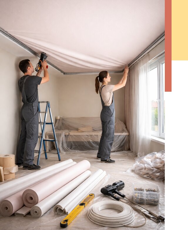 Монтаж цветного натяжного потолка в Сорочинске от 4338 руб/м² — быстро и недорого | ОТДЕЛОЧНИК-Срч