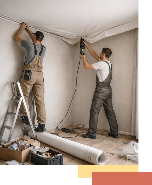 Монтаж цветного натяжного потолка в Сорочинске за один день