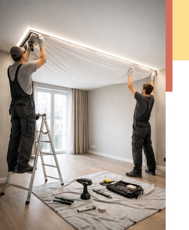 Монтаж парящего натяжного потолка в Сорочинске от 4648 руб. быстро и недорого | ОТДЕЛОЧНИК-Срч