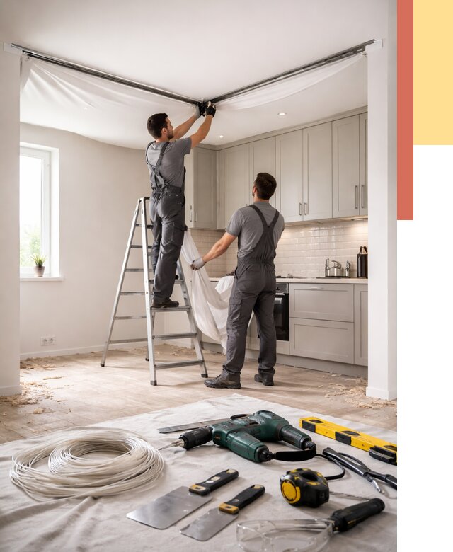 Установка натяжного потолка на кухне в Сорочинске от 2479 руб. | ОТДЕЛОЧНИК-Срч