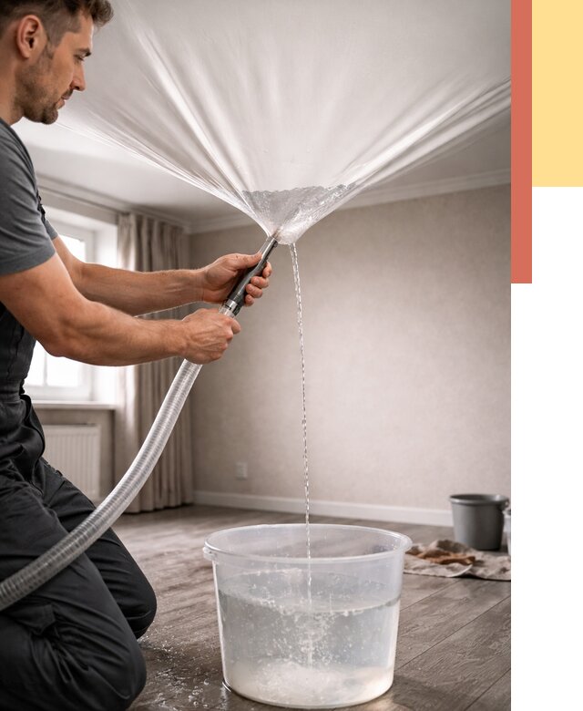 Слив воды с натяжного потолка в Сорочинске от 2582 руб. быстро и недорого | ОТДЕЛОЧНИК-Срч